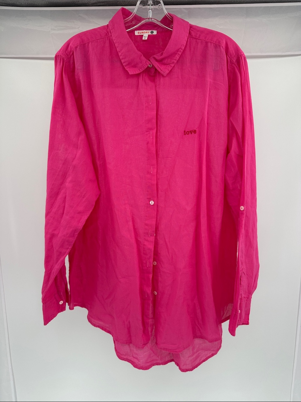 Sundry Hot Pink Button-Down Shirt with 'love' Embroidery